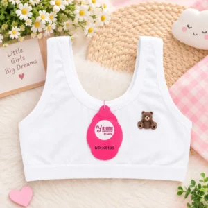 White girls’ starter sports bra with teddy bear detail and wide straps, free size