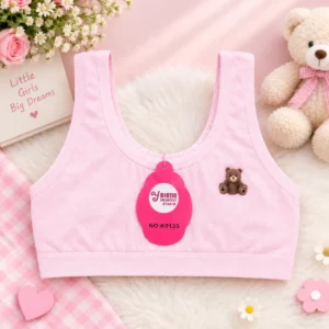Pink girls’ starter sports bra with teddy bear detail and wide straps, free size