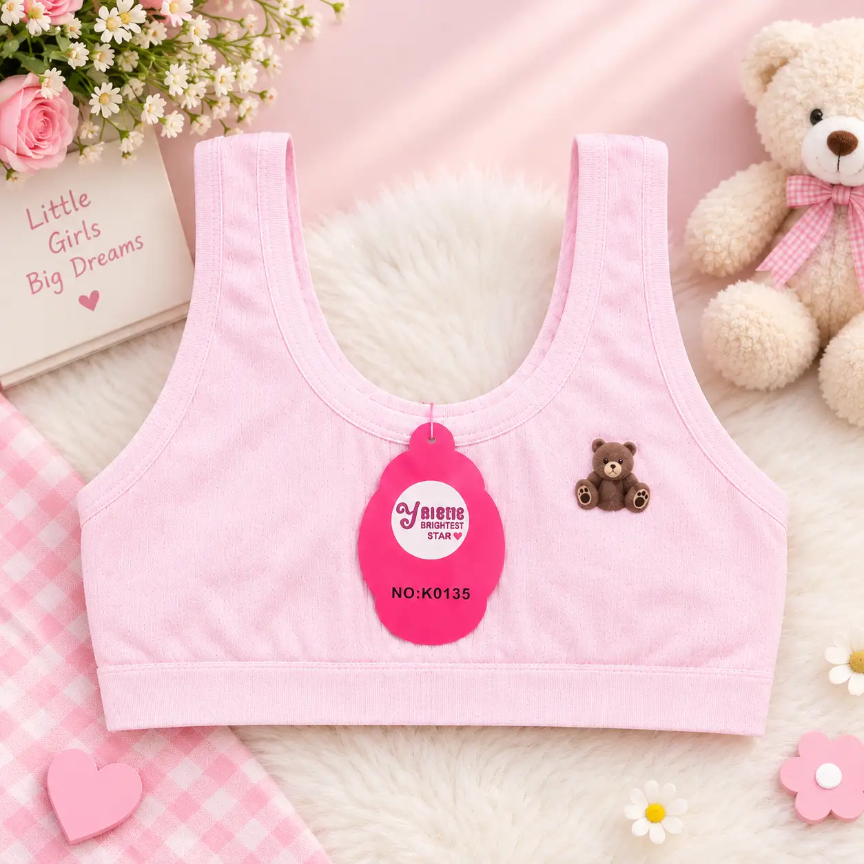 Pink girls’ starter sports bra with teddy bear detail and wide straps, free size