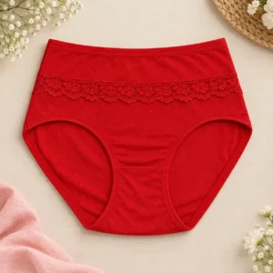 Women's red cotton-blend panty with floral lace trim