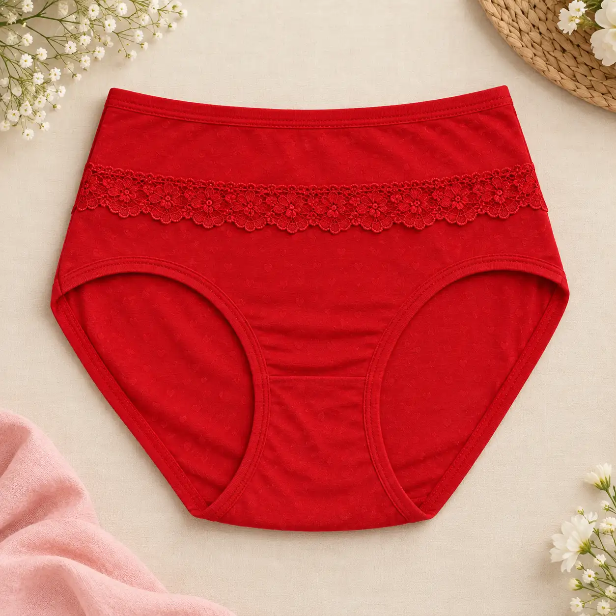 Women's red cotton-blend panty with floral lace trim
